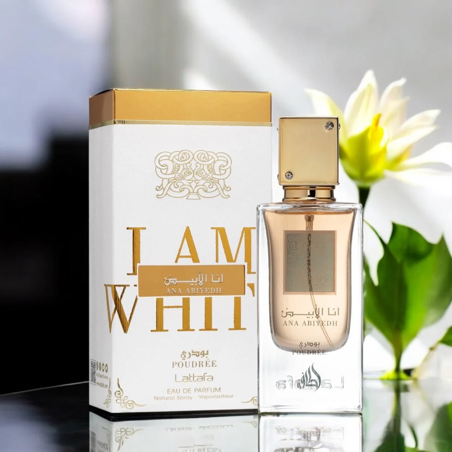 Flacon et boîte Ana Abiyedh Poudrée Lattafa parfum poudré élégant