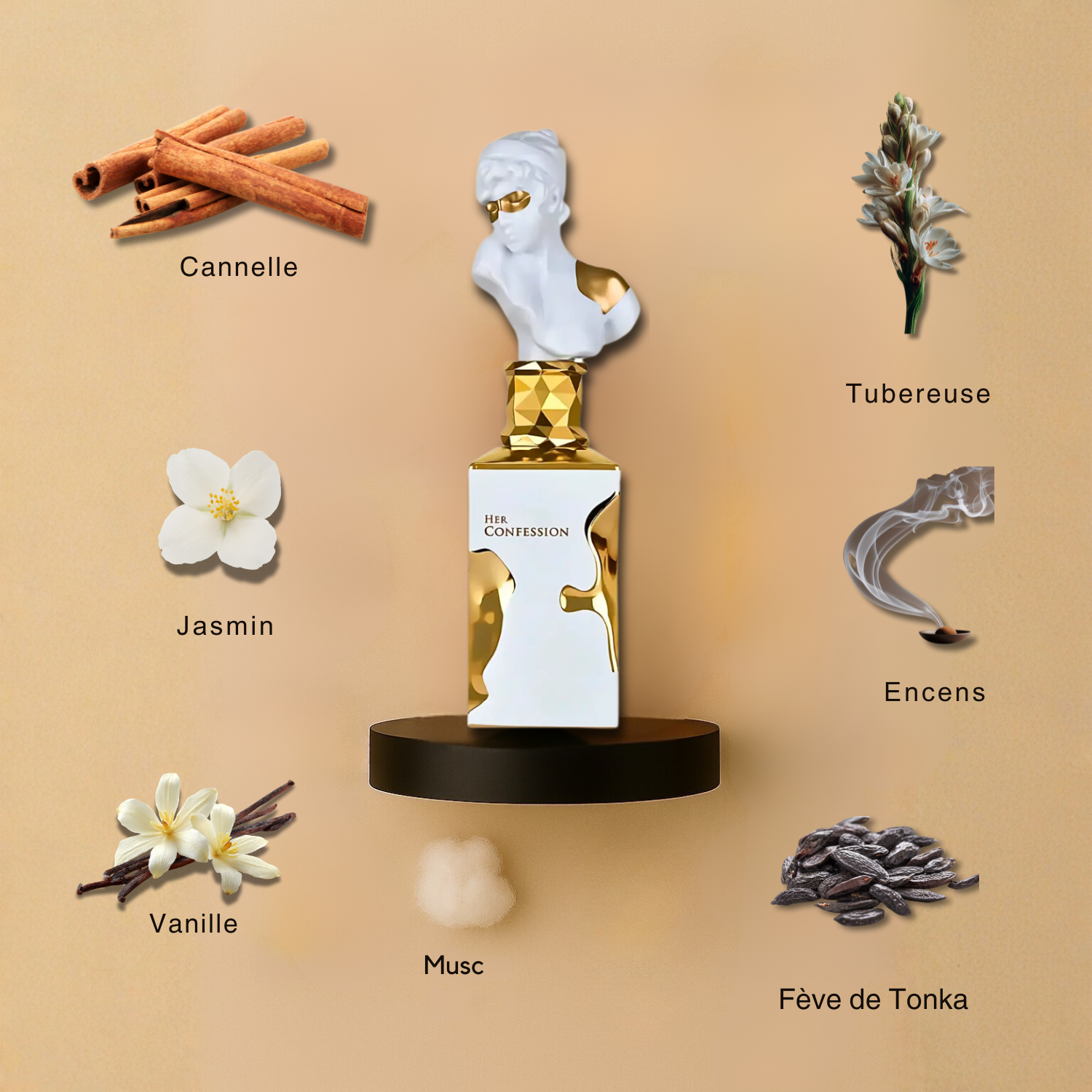 Notes olfactives du parfum Her Confession Lattafa avec accords floraux doux, musc délicat et fond poudré féminin