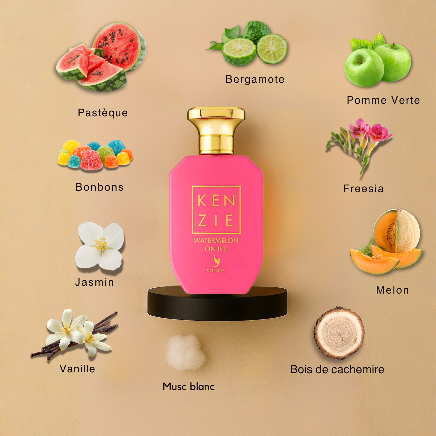 Notes olfactives du parfum Kenzie Watermelon On Ice Volare avec accords pastÚque fraßche, fruits sucrés et fraßcheur glacée